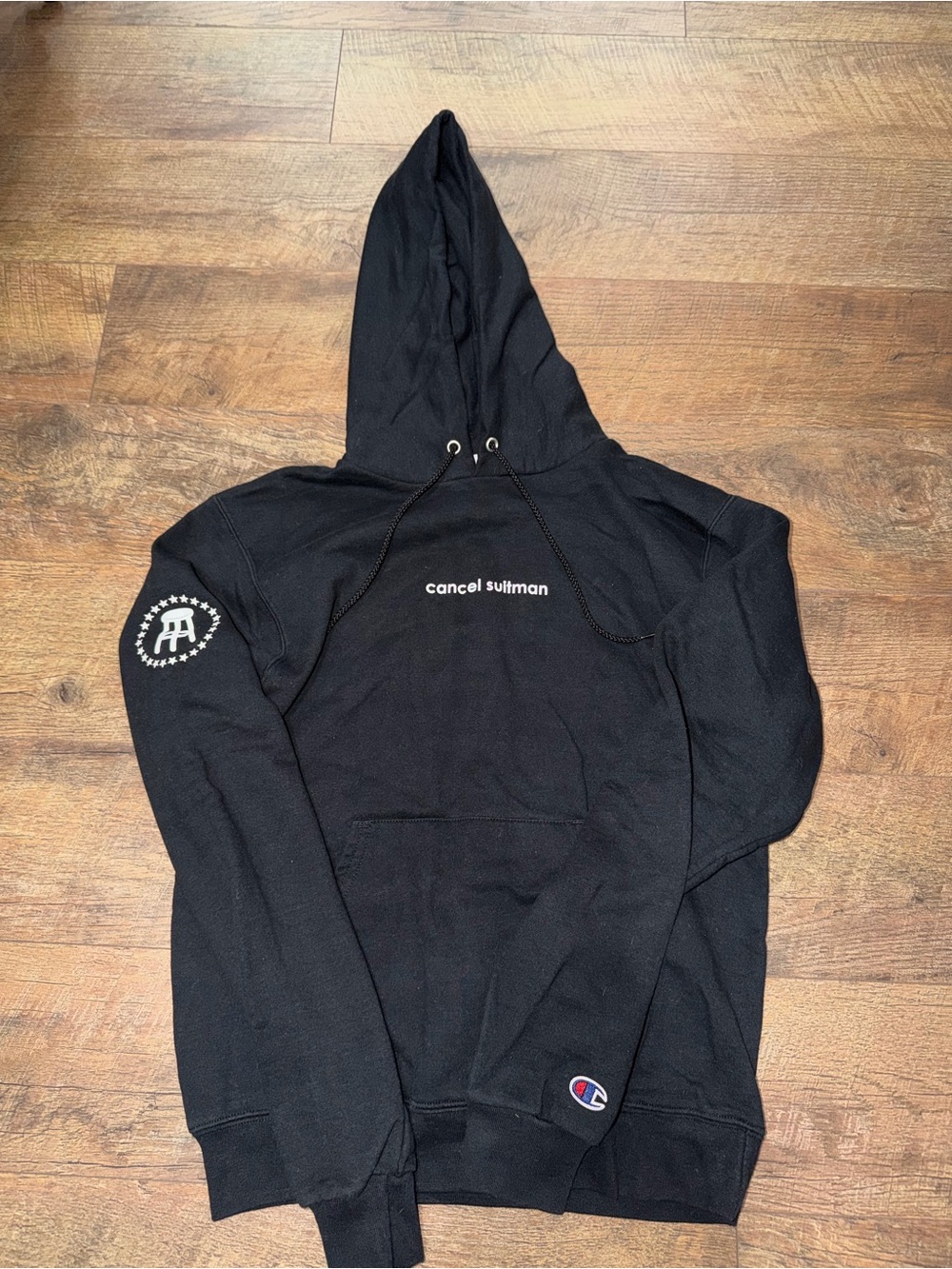 Champion Black Hoodie with White Center Text